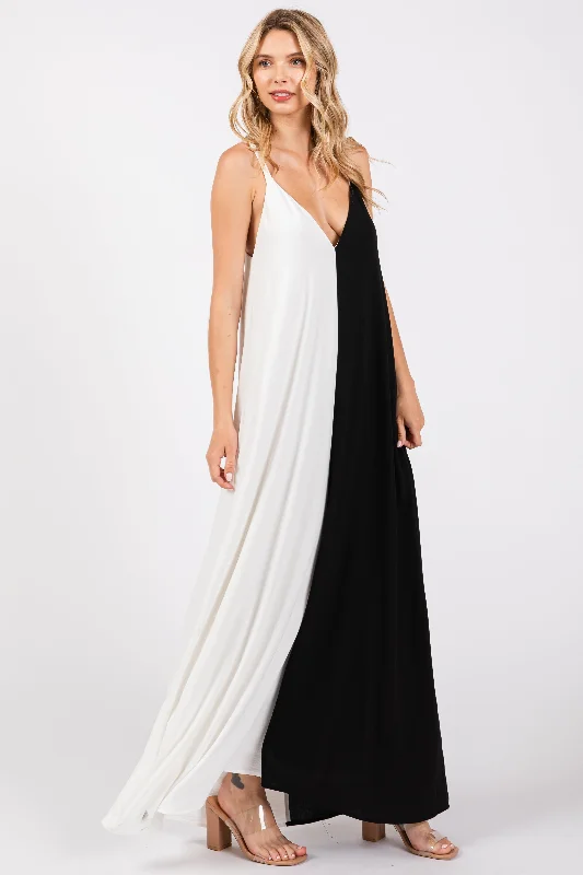 White Color Blocked V-Neck Maxi Dress