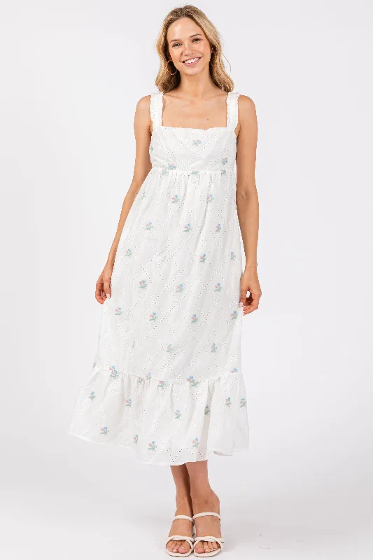 White Eyelet Floral Embroidered Back Tie Cutout Midi Dress