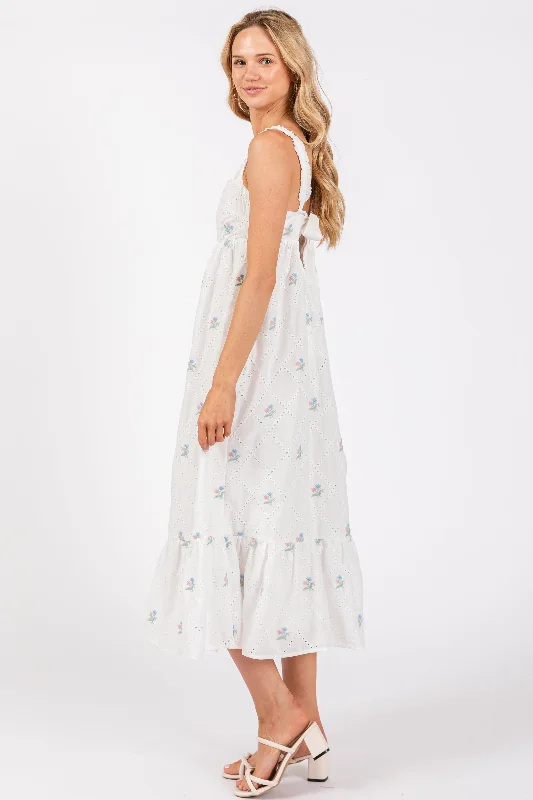 White Eyelet Floral Embroidered Back Tie Cutout Midi Dress