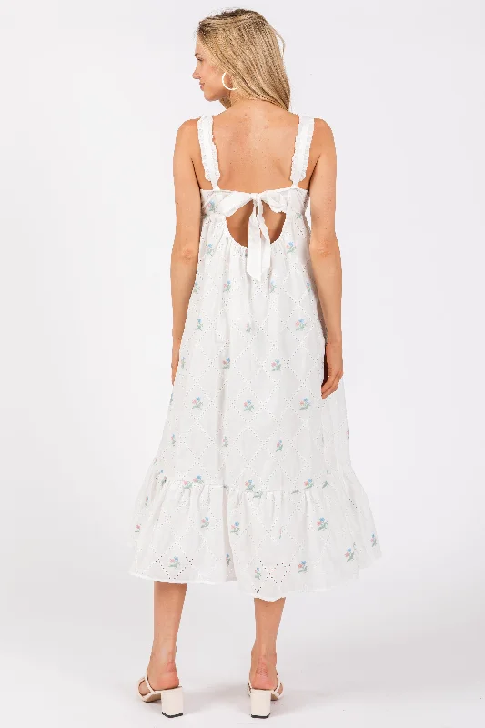 White Eyelet Floral Embroidered Back Tie Cutout Midi Dress