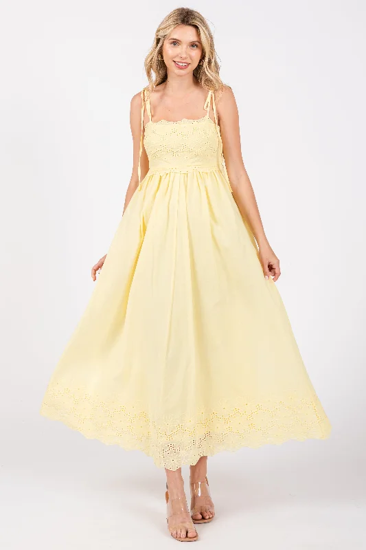 Yellow Eyelet Floral Shoulder Tie Dress