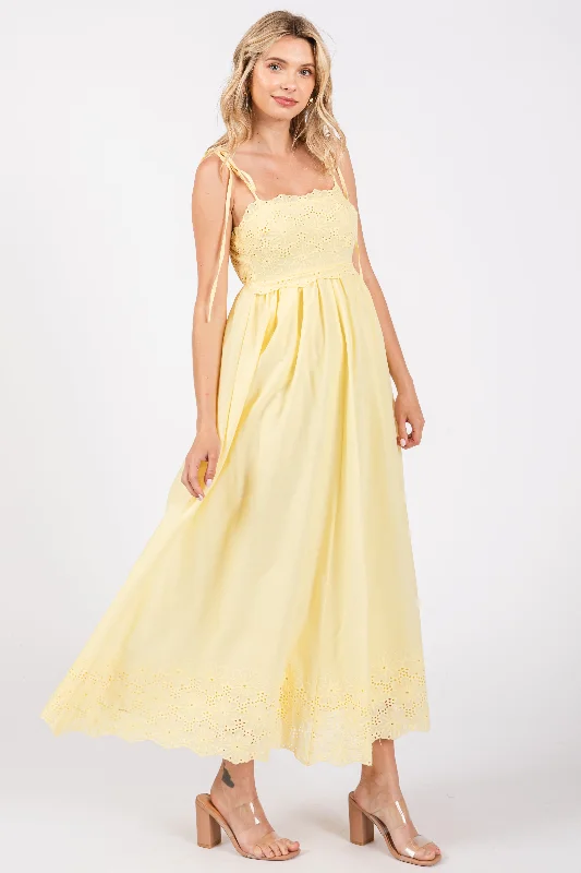 Yellow Eyelet Floral Shoulder Tie Dress