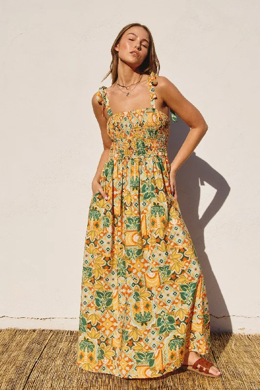 Yellow Floral Smocked Shoulder Tie Maxi Dress