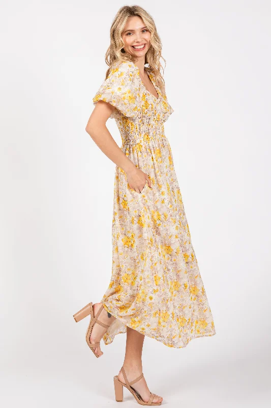 Yellow Floral Smocked Sweetheart Neck Short Puff Sleeve Midi Dress