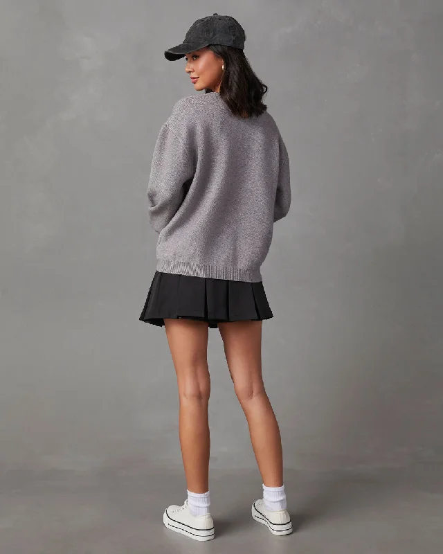 Baseball Mom Knit Pullover Sweater - Grey