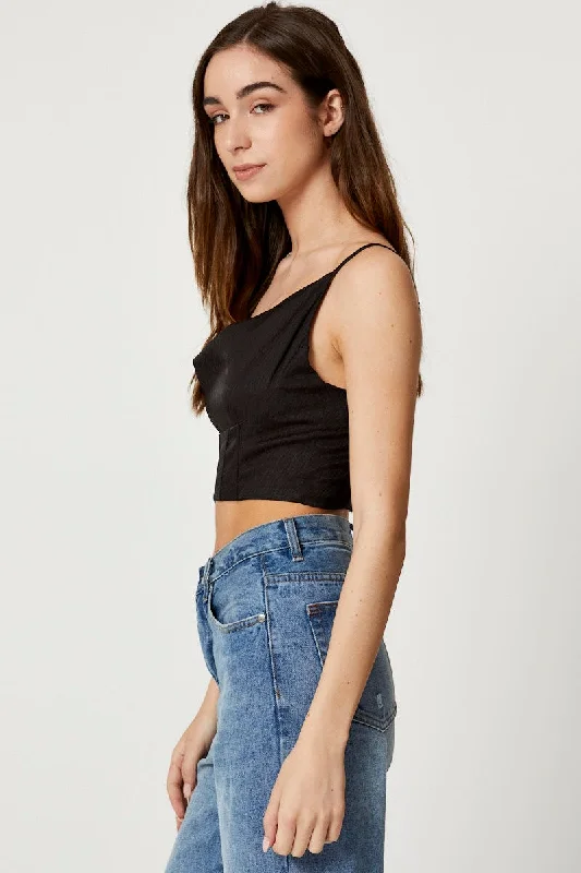 Black Satin Cowl Neck Crop Top