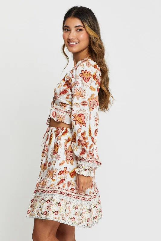 Boho Print Crop Top Long Sleeve