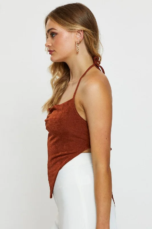 Brown Crop Top Halter Neck