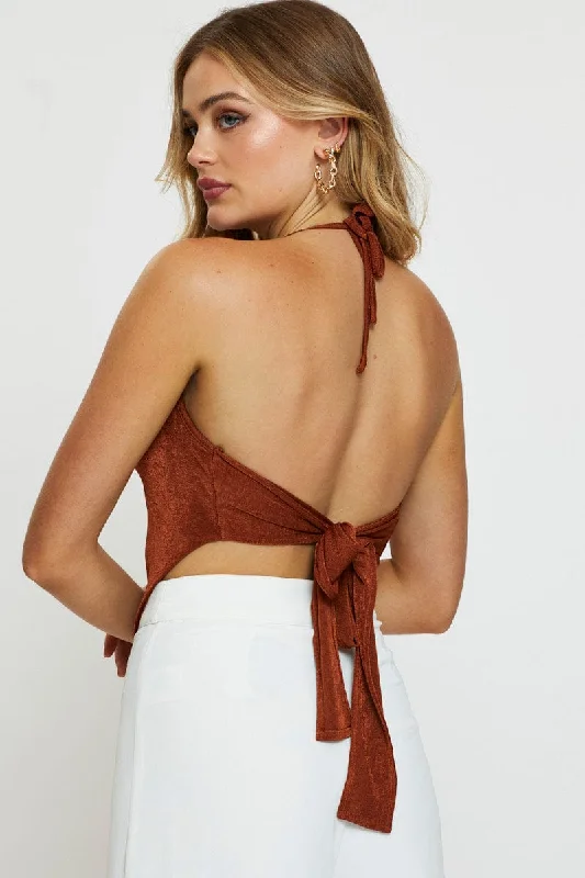 Brown Crop Top Halter Neck