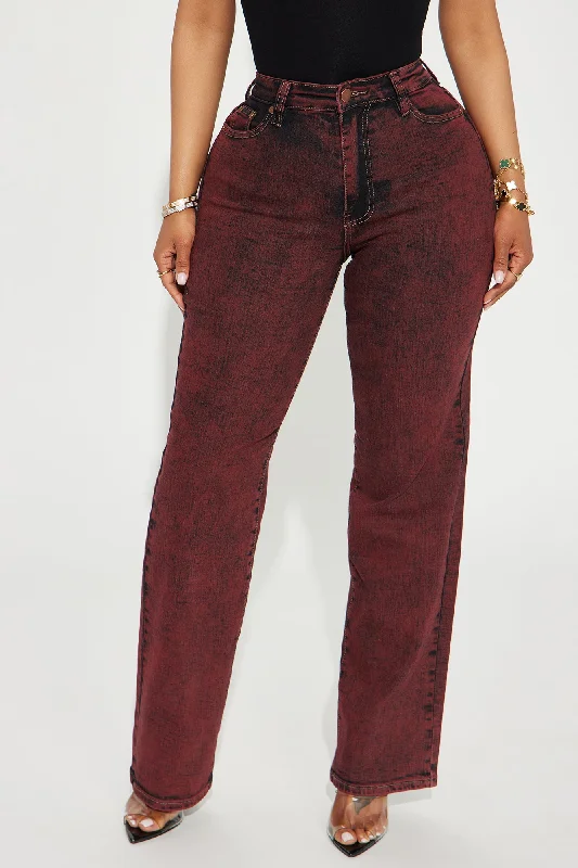 Candid Acid Wash Stretch Straight Leg Jeans - Red