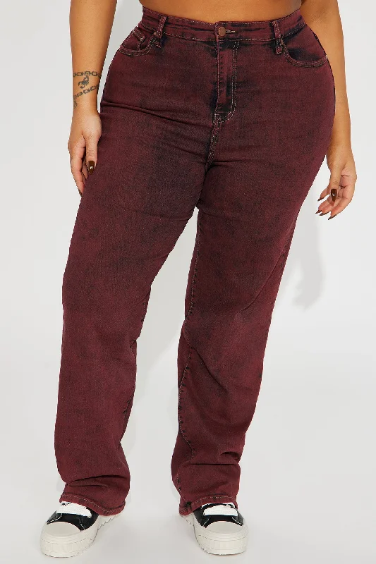 Candid Acid Wash Stretch Straight Leg Jeans - Red