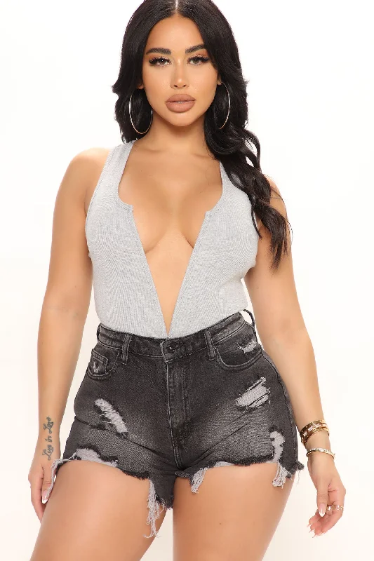 Deep Connections Ribbed Bodysuit - Heather Grey