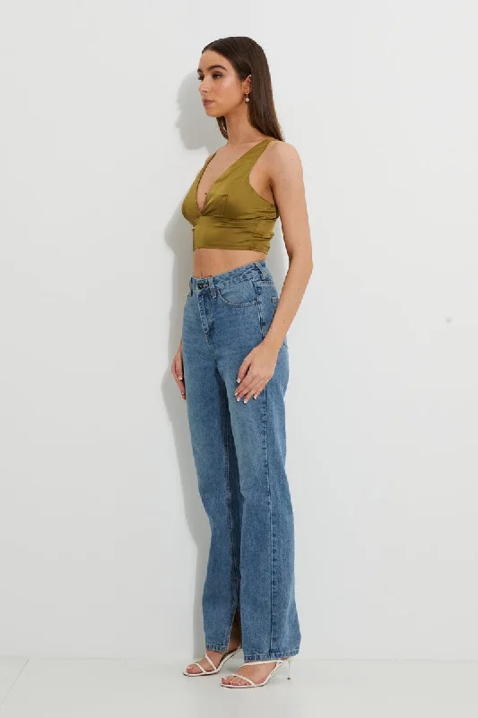 Green Designer Plunge Satin Crop Top