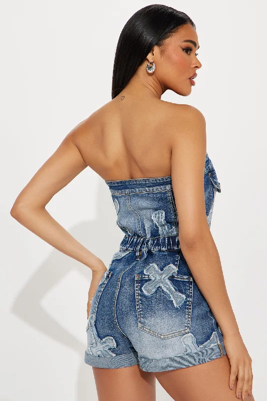 Never Cross Me Denim Romper - Medium Wash