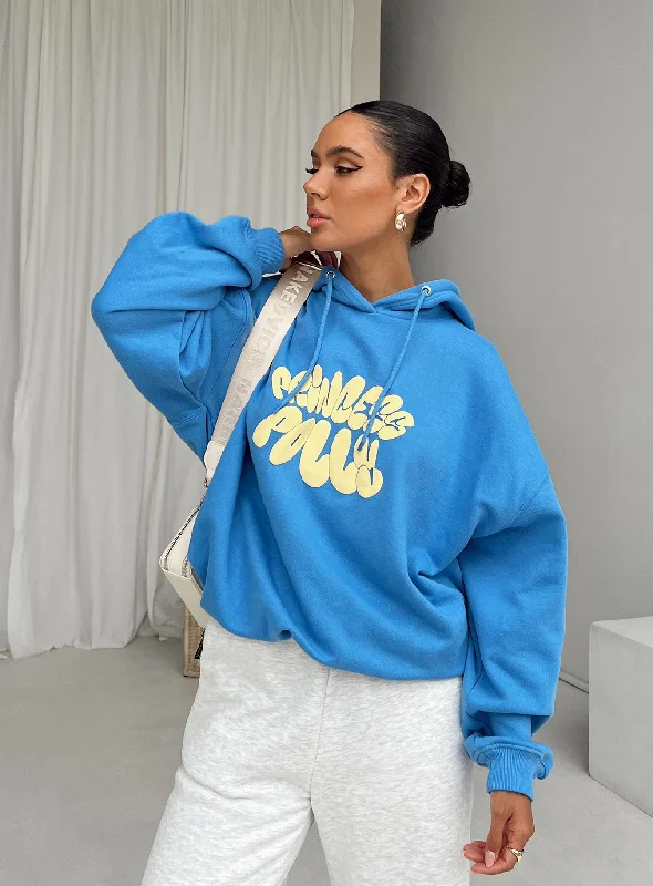 Princess Polly Hooded Sweatshirt Bubble Text Blue / Yellow