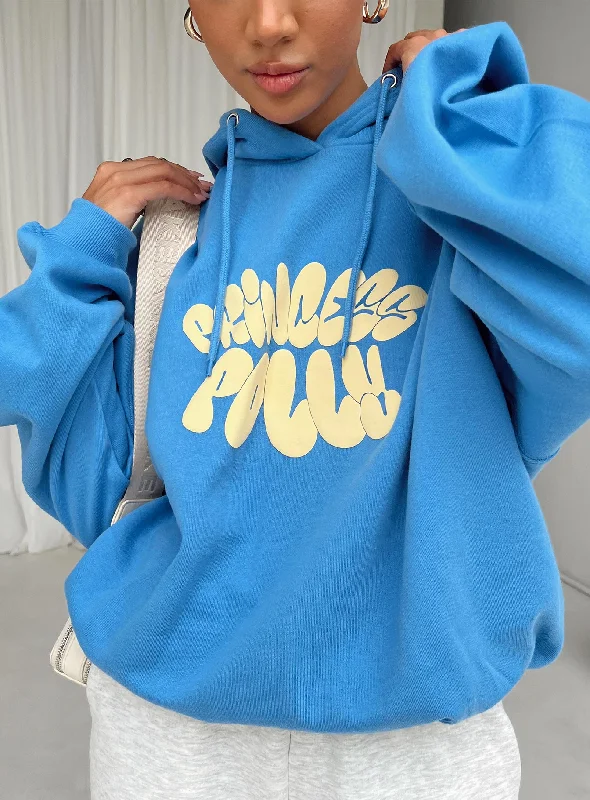 Princess Polly Hooded Sweatshirt Bubble Text Blue / Yellow