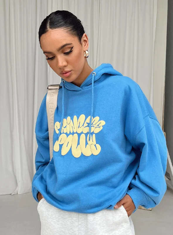 Princess Polly Hooded Sweatshirt Bubble Text Blue / Yellow