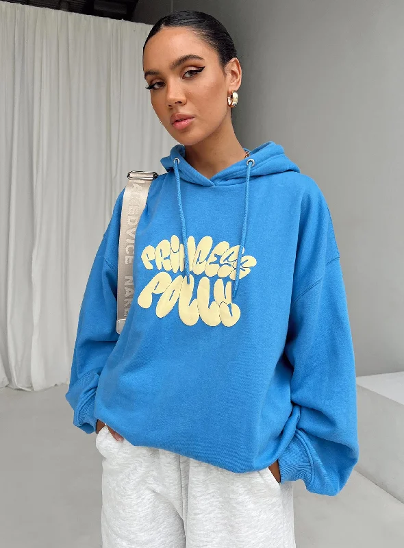 Princess Polly Hooded Sweatshirt Bubble Text Blue / Yellow