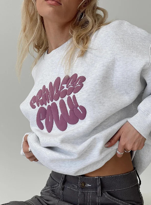 Princess Polly Crew Neck Sweatshirt Bubble Text Grey Marle / Burgundy