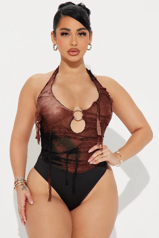 Showing Off Distressed Bodysuit - Brown/combo