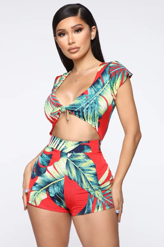 Waist No Time Tropical Romper - Red/combo