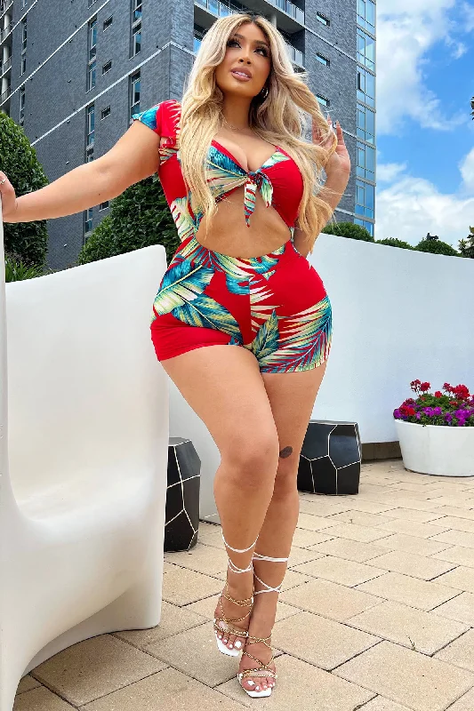 Waist No Time Tropical Romper - Red/combo