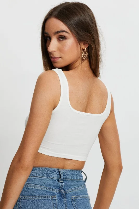 White Drawstring Cut Out Rib Crop Top