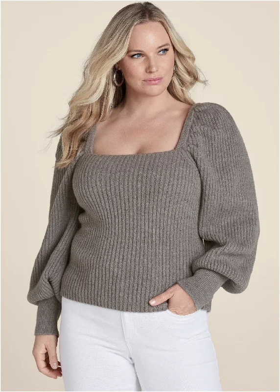 Square neck puff sleeve sweater - Dark Grey