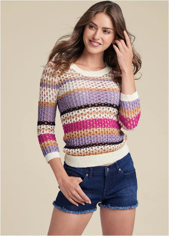 Open knit striped sweater - White Multi