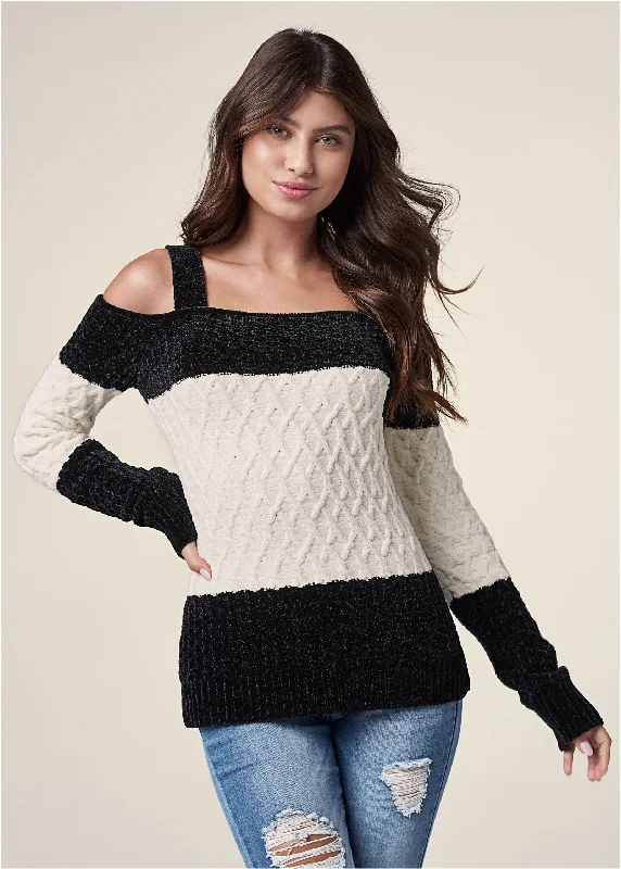 Chenille cold shoulder sweater - Black & Off White