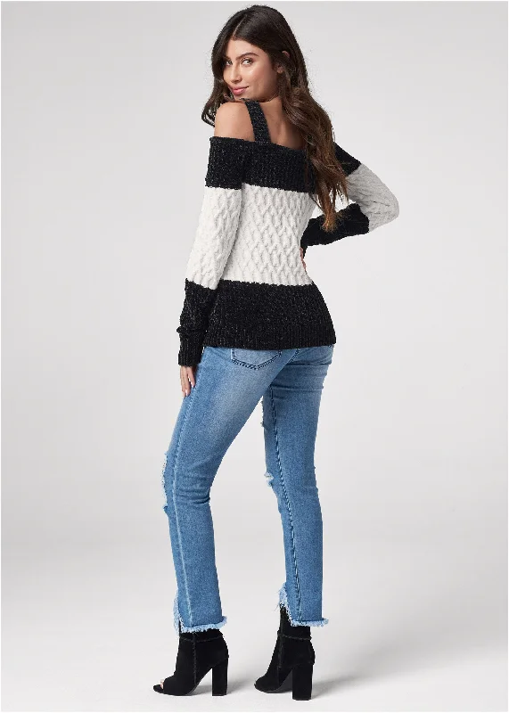 Chenille cold shoulder sweater - Black & Off White