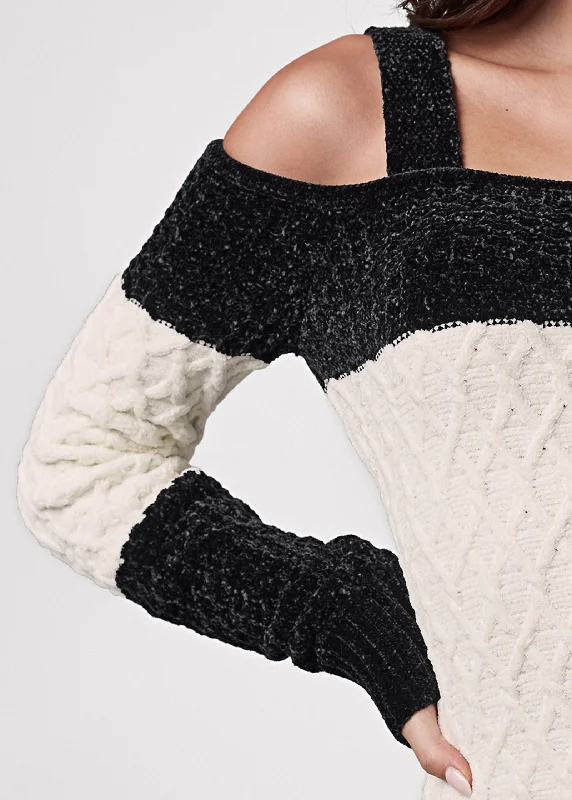 Chenille cold shoulder sweater - Black & Off White