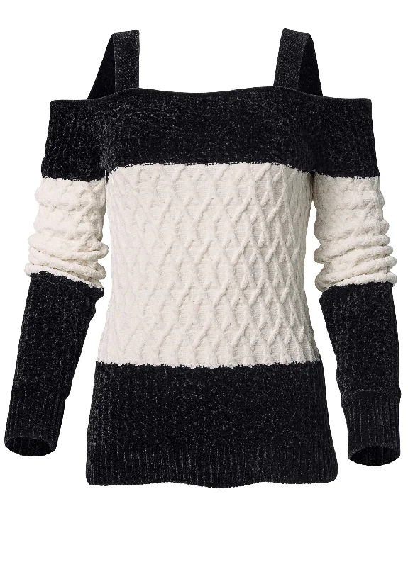 Chenille cold shoulder sweater - Black & Off White