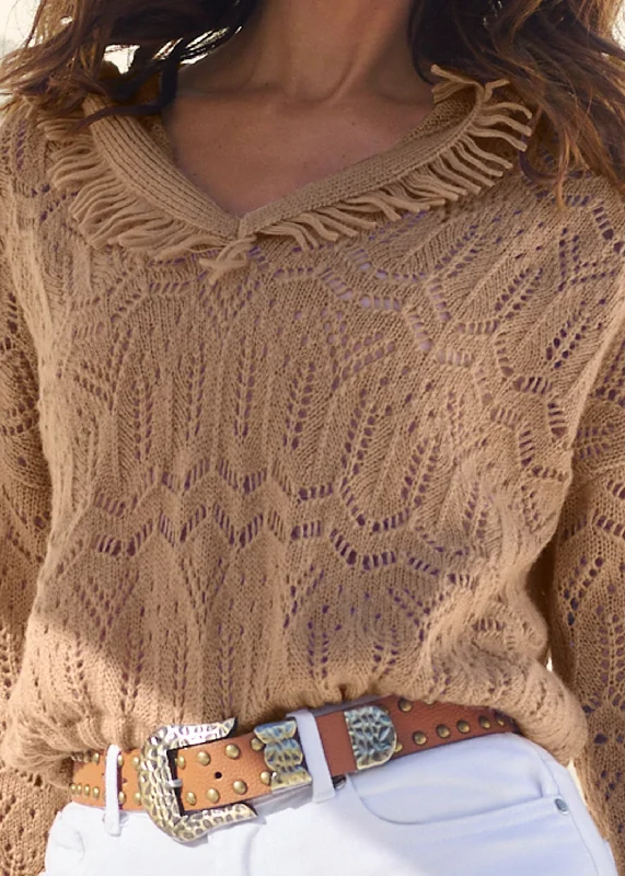 Fringe pointelle pullover  - Brown