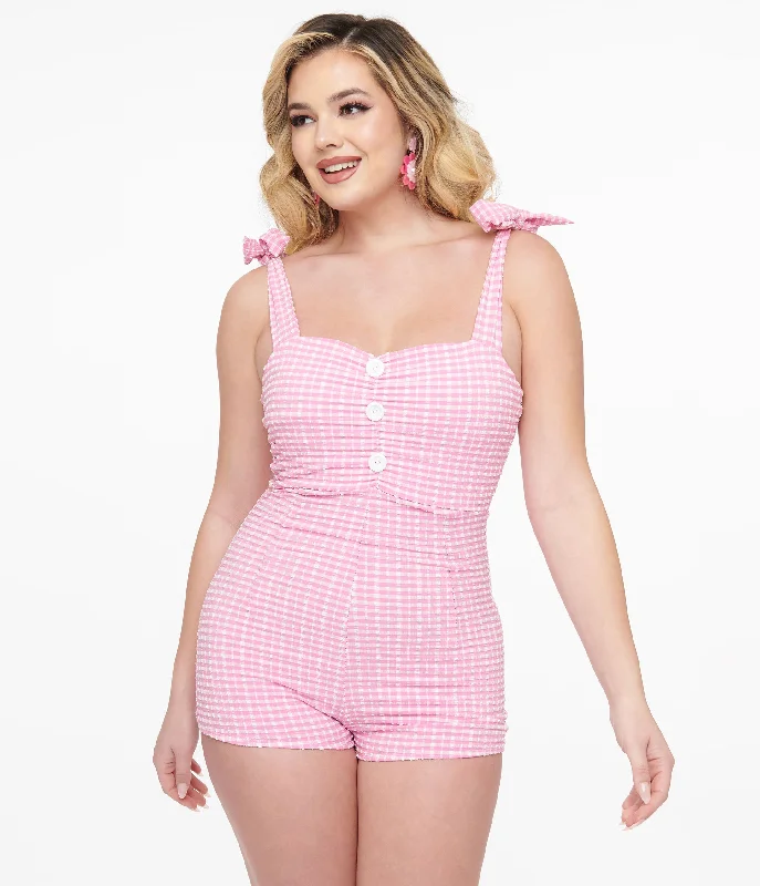 1950s Pink & White Gingham One Piece Swimsuit