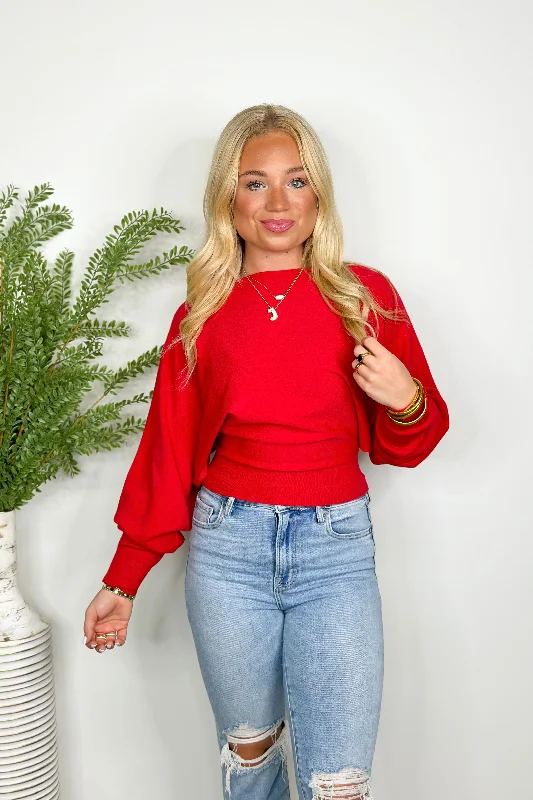 True Red Boatneck Long Sleeve Top