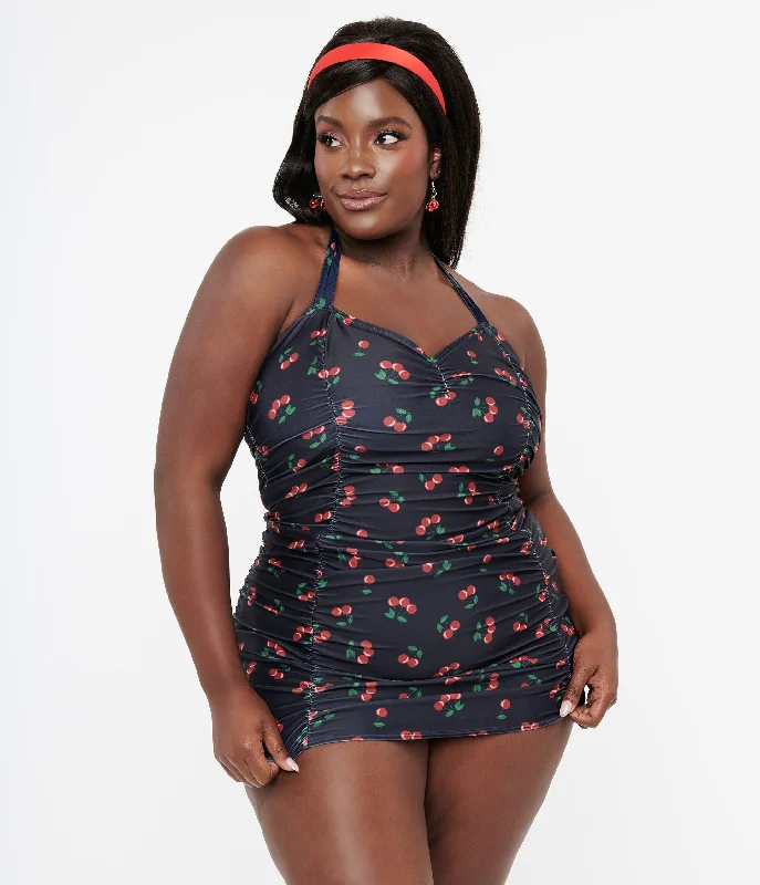 Collectif Plus Size 1950s Black & Red Cherry Print Skirted Swimsuit