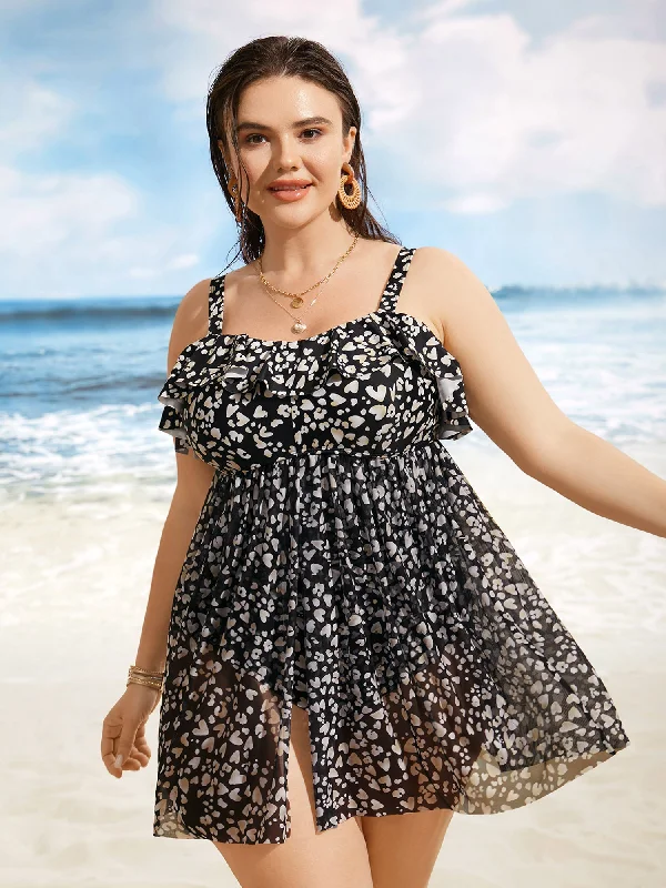 Leopard Print Ruffle Trim Mesh Split Hem Swim Dress