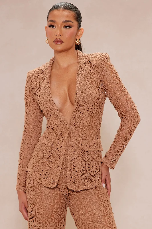 Amalfi Crochet Blazer Pant Set - Chocolate