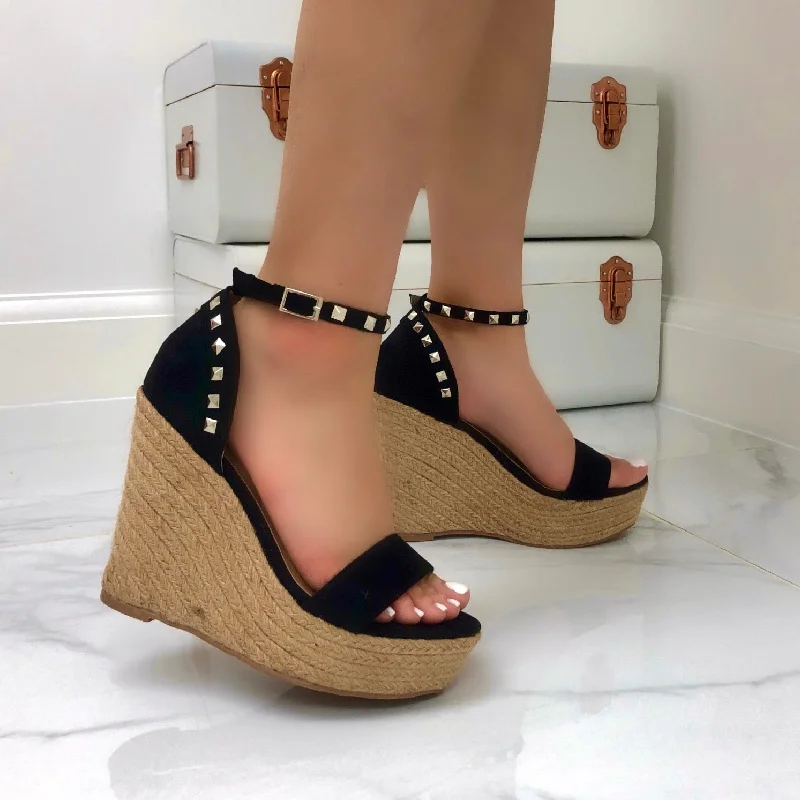 Liza - Black Faux Suede Studded Woven Platform Wedge Sandal