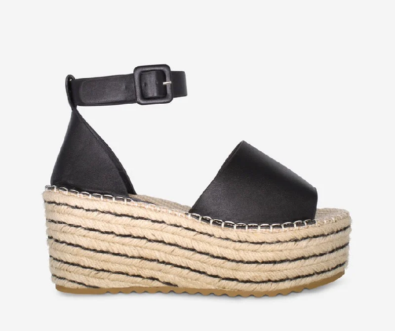 Millie - Black Ankle Strap Woven Sole Flatform Wedge Sandal