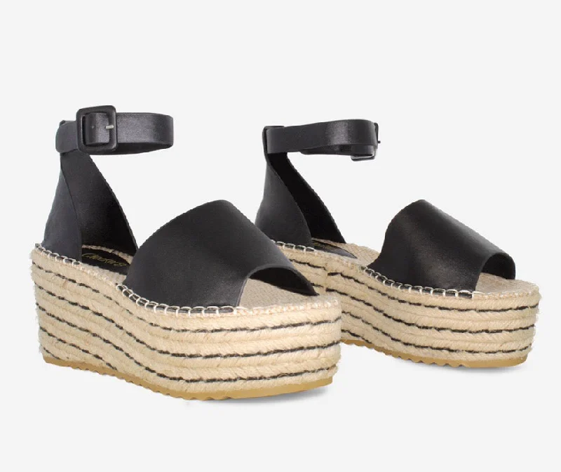 Millie - Black Ankle Strap Woven Sole Flatform Wedge Sandal